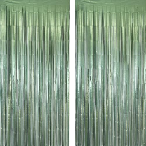 Image of Sage Green Foil Fringe Streamers - GREATRIL Shiny Tinsel Curtain Backdrop for Boho Baby Shower /Birthday /Bridal Party Decorations 8.2ft x 3.2ft 2 PCS