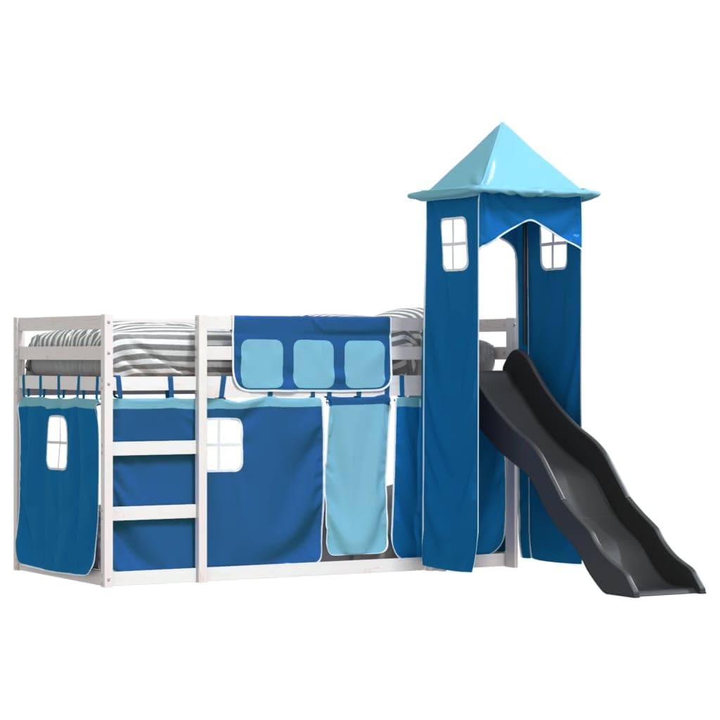Litera infantil con tobogán, cortinas, 90 x 200 cm, madera maciza de pino, color blanco y azul, cama de juegos, para habitación infantil a partir de 6 años