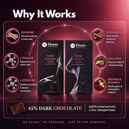 Image of ELOURA Amoura Noir Mood Uplifting Chocolates for Couples - 4 Bars, 20g Each | Chocolate for Couples | 45% Dark Chocolate & 9 Natural Botanical Blend | Vegan Dairy Free | Gift Set for Men & Women