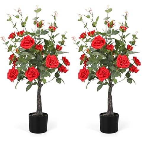 Romantic season 2Pack Artificial Rose Flower Trees, 42Inch Red Faux Rose Tree with Green Leaves for Living Room Office Home Outdoor Indoor Decor Cover