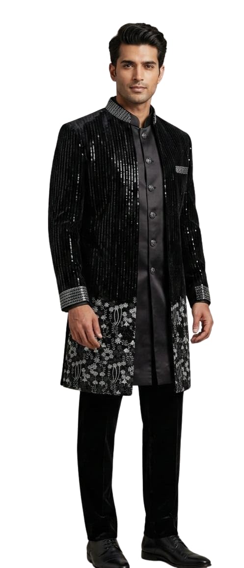 Men’s Designer Black Embroidered Sherwani Set | Premium Wedding Ethnic Outfit-image-24