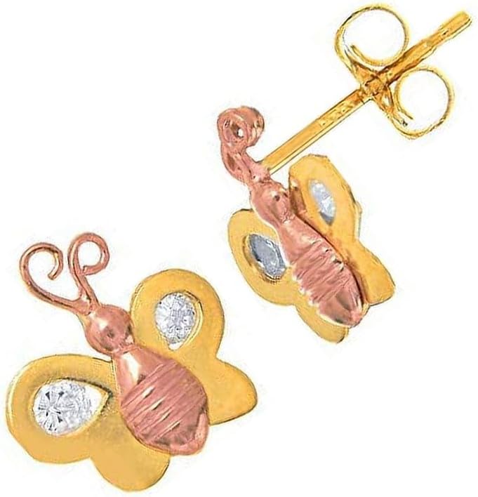 14K 2-Tone Gold Yellow Rose Gold Butterfly Post Stud Earrings Small
