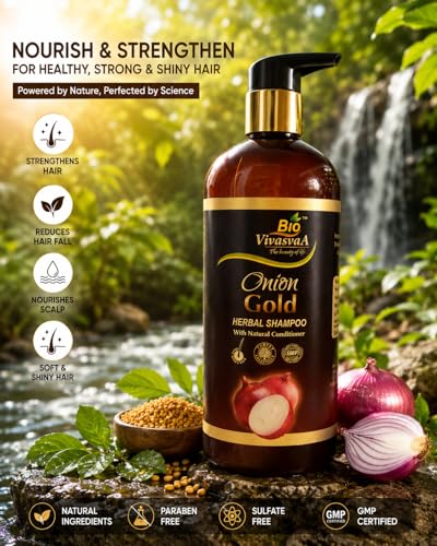 Image of Bio VivasvAA Onion Gold Herbal Shampoo with Natural Conditioner, GMP Certified, 450ml- Best anti Hair fall shampoo in ayurveda