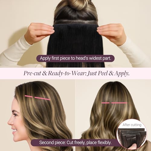 Image of GOO GOO Tape In Weft Hair Extensions Human Hair, Genius PU Long Weft Tape In Hair Extensions Real Human Hair, Silky Easy to Use, 1B /6 /1B Balayage Natural Black to Chestnut Brown 24 inch 80g 2pcs