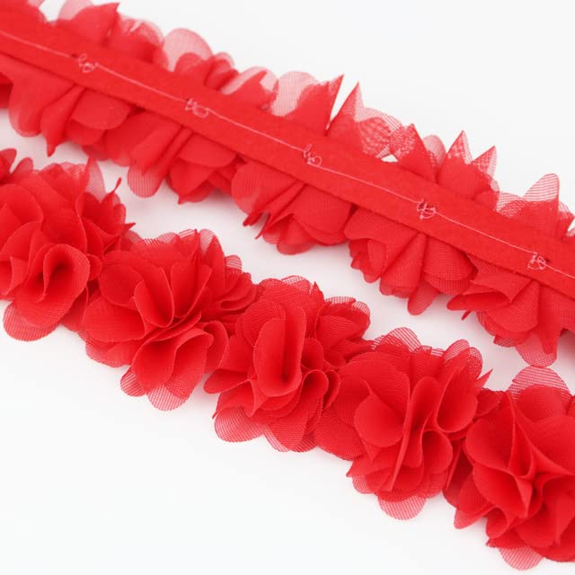 Yalulu 5 Yards 3D Chiffon Flower Lace Edge Trim Ribbon Fabric Applique Edging Trimming Fabric Craft Embroidered Applique Sewing Wedding Dress Decoration (Red)