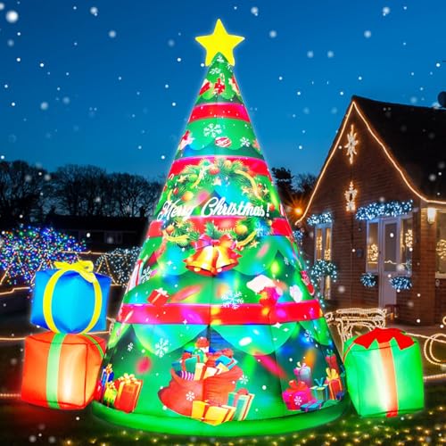 zukakii 7FT Christmas Inflatables Tree Built-in 360° Rotating Colorful LEDs & Lighted Star, Christmas Decoration Outdoor Blow up Yard Decorations with 3 Gift Boxes for Xmas Party Holiday Indoor