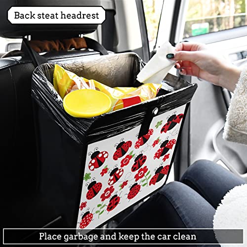 Image of Ladybugs Red Scarab Flower Car Trash Can Foldable Hanging Car Trash Bag Bin Auto Garbage Can Leak-Proof Car Organizer(Large)