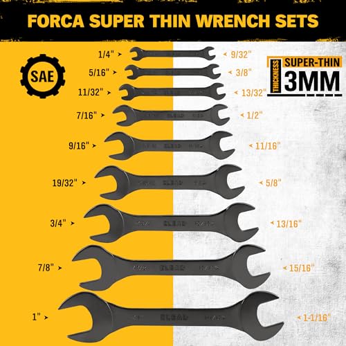 Image of ELEAD 9-Piece Super-Thin Open End Wrench Set, SAE 1 /4 inch-1-1 /16 inch, CR-V Nickel Plated, 3 mm Thickness Ultra-Slim Wrench Set for Tight Spaces, Durable Roll-Up Pouch for Mechanics