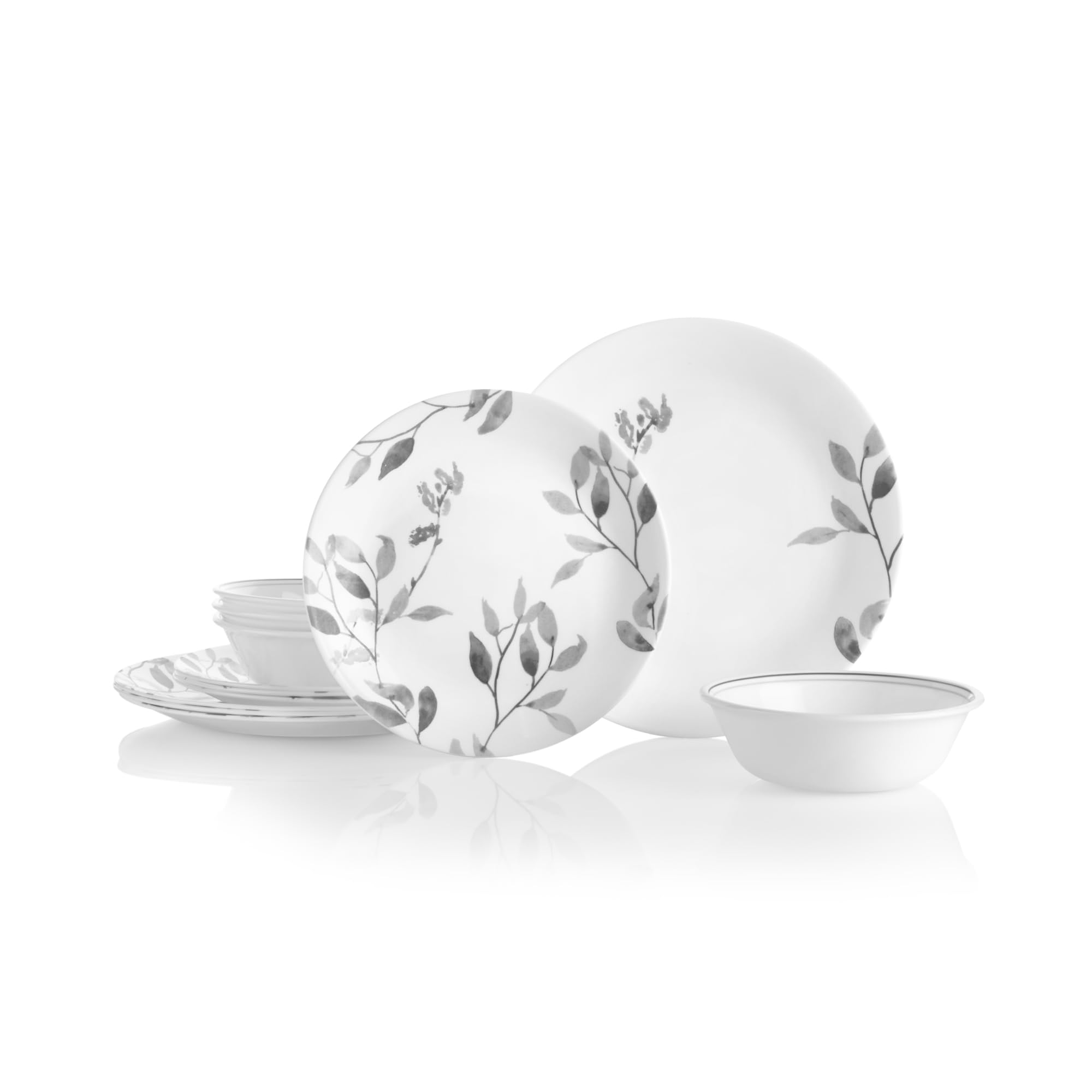 Corelle 12-Piece Vitrelle Misty Leaves Chip and Break Resistant Dinner Set, Grey/White, Glass, White, 29.5 x 14.5 29 cm 1126026
