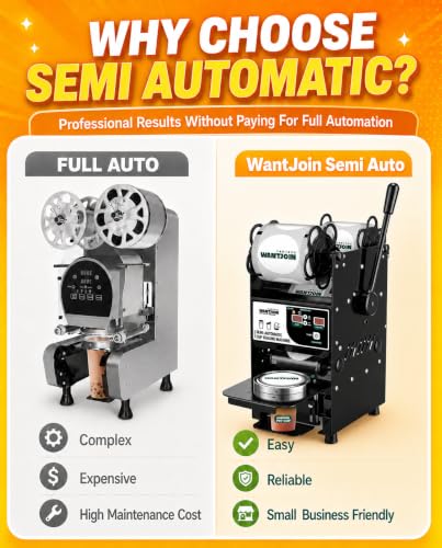 Image of WantJoin Semi Automatic Cup Sealing Machine, 2S Cup Sealer Machine Black | Auto Film Calibration, Cup Counting, PP PET Paper Cups for Bubble Tea Shops /Cafe /Juice Bar