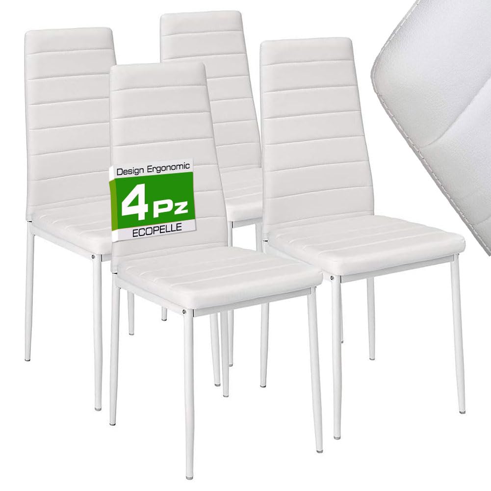 BAKAJI Juego de 4 sillas de Comedor para salón o Cocina, diseño Moderno, Estructura de Metal y Asiento Acolchado de Piel sintética. Dimensiones: 98 x 41 x 45 cm (Blanco)