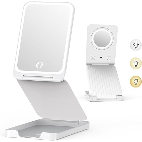 Travel Makeup Mirror with Lights, Portable 1X Vanity Mirror with 5X Lighted Magnification,72 LEDs 3 Color Lights, Rechargeable 1000mAh Battery, Freely Adjust Height and Angle