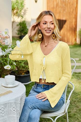 Image of Balimtoy Women Tie Front Cardigan Crochet Sweater Crop Tops Cute Bell Long Sleeve Knit Shrug Beach Vacation Cover Up