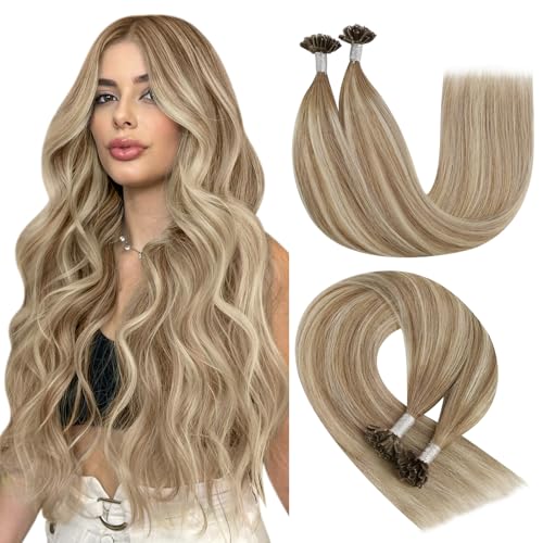 YoungSee Extension de Cheveux Keratine Ombre 35 cm Extension Cheveux Naturel Keratine Brun Clair Avec Blond Extension Kératine a Chaud Balayage 50mèches/50g...