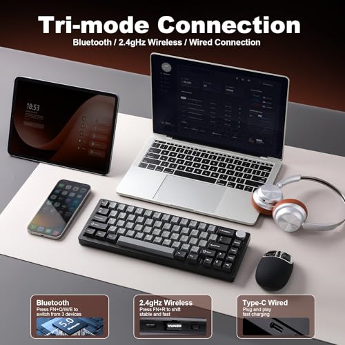 Image of YUNZII AL68 Wireless Mechanical Keyboard,Full Aluminum CNC,60% Layout with Knob, QMK /VIA Software,Gasket Mounted,Hot Swappable,RGB Backlit,BT /2.4G /USB-C for Mac /Win (Black, Cocoa Cream V2)