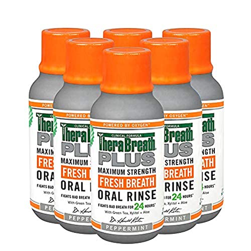 TheraBreath Plus Fresh Breath Maximum Strength 24-Hour Oral Rinse, Peppermint, 3 Ounce (Pack of 6)