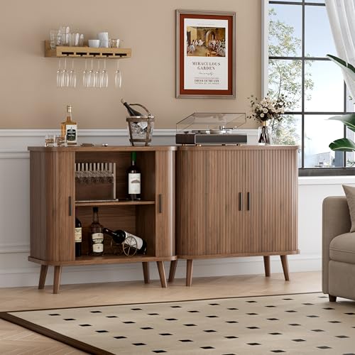 Image of BORNOON Buffet Cabinet with Storage, Curved-Edge Fluted Storage Cabinet Sideboard, Modern Walnut Sideboard Buffet with Adjustable Shelves & Sliding Door for Dining Room, Kitchen, Entryway