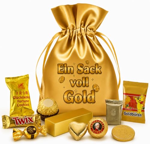 Ein Sack voll Gold wiederverwendbarer Satin-Geschenkbeutel mit lustigem Aufdruck als Geld-Geschenk mit goldenen Leckereien & befüllbarem Goldbarren Größe L