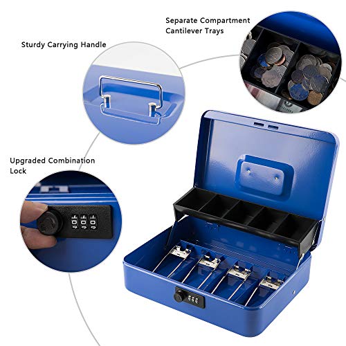 Image of KYODOLED Metal Cash Box with Combination Lock & Spring-Loaded Bill Clips, 5-Compartment Cantilever Coin Tray, Portable Safe for Yard Sales /Craft Fairs /Small Businesses, 11.81 inchx9.45 inchx3.54 inch, Blue