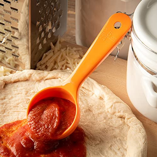 Image of Carlisle FoodService Products 7.10 inch 2.5 Ounce Solid Portion Control Spoon - Flat Bottom - Short Handle, Orange
