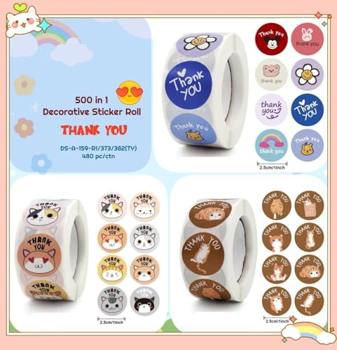 Image of Alokik Enterprise 500 Pcs Thank You Cat Watercolor Sticker Round Thank You Cat Adhesive Sticker for Small Business Wedding Supplies Packing Stickers Gift Wrap (500 in 1 Decorative Stickers Roll)