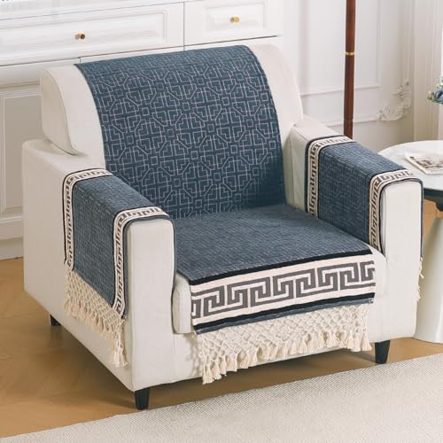 Image of HOKIPO 'Imperial Tassel Series' Thick & Soft Chenille Jacquard Sofa Cover 1 Seater Set for Seat, Back & Arms with Tassels, Slate Grey (IN-1009 + IN-1012-I5*2)