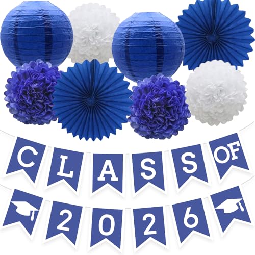 Image of Blue Graduation Party Decoration Class Banner Hanging Pom Poms Flowers High School College Grad Supplies