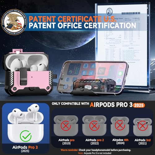 Image of for AirPods Pro 3 Case with Lock & Phone Stand(Pink) | Automatic Snap Switch Lock,Carbon Fiber Texture Design Cover with Cleaner Kit