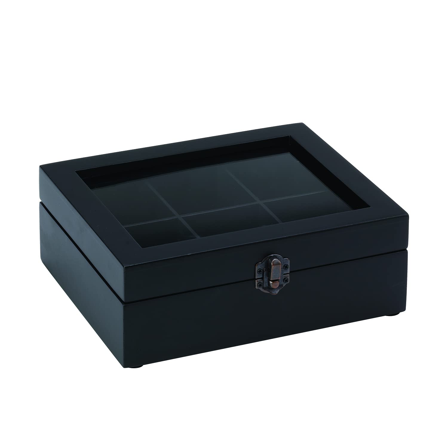 Service Ideas TB006 Wooden Tea Storage Chest Box with 6 Compartments. Black