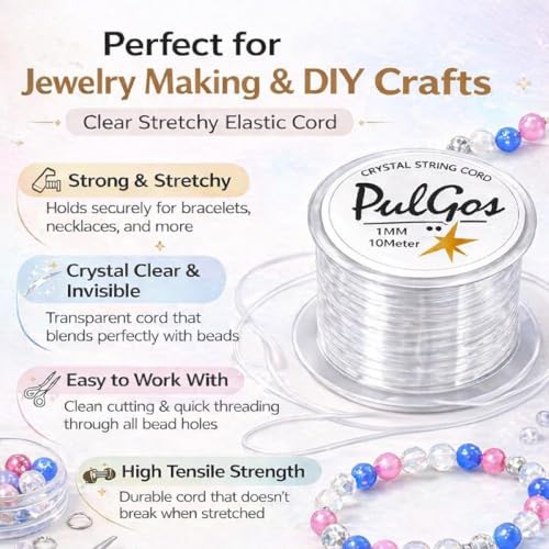 Image of PulGos ๐๐๐ Pack-๐ Crystal Elastic Cord-1.0mm |Round Beading Thread for Bracelet Necklaces DIY Handmade Jewelry Making |Strong & Durable Spool for Crafting Flexible String for Beads & Accessories
