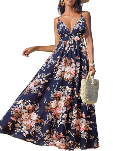Image of CUPSHE Women's Summer Dresses Casual Spring V Neck Sleeveless Floral Beach Vacation Long Spaghetti Strap Flowy Maxi Dress