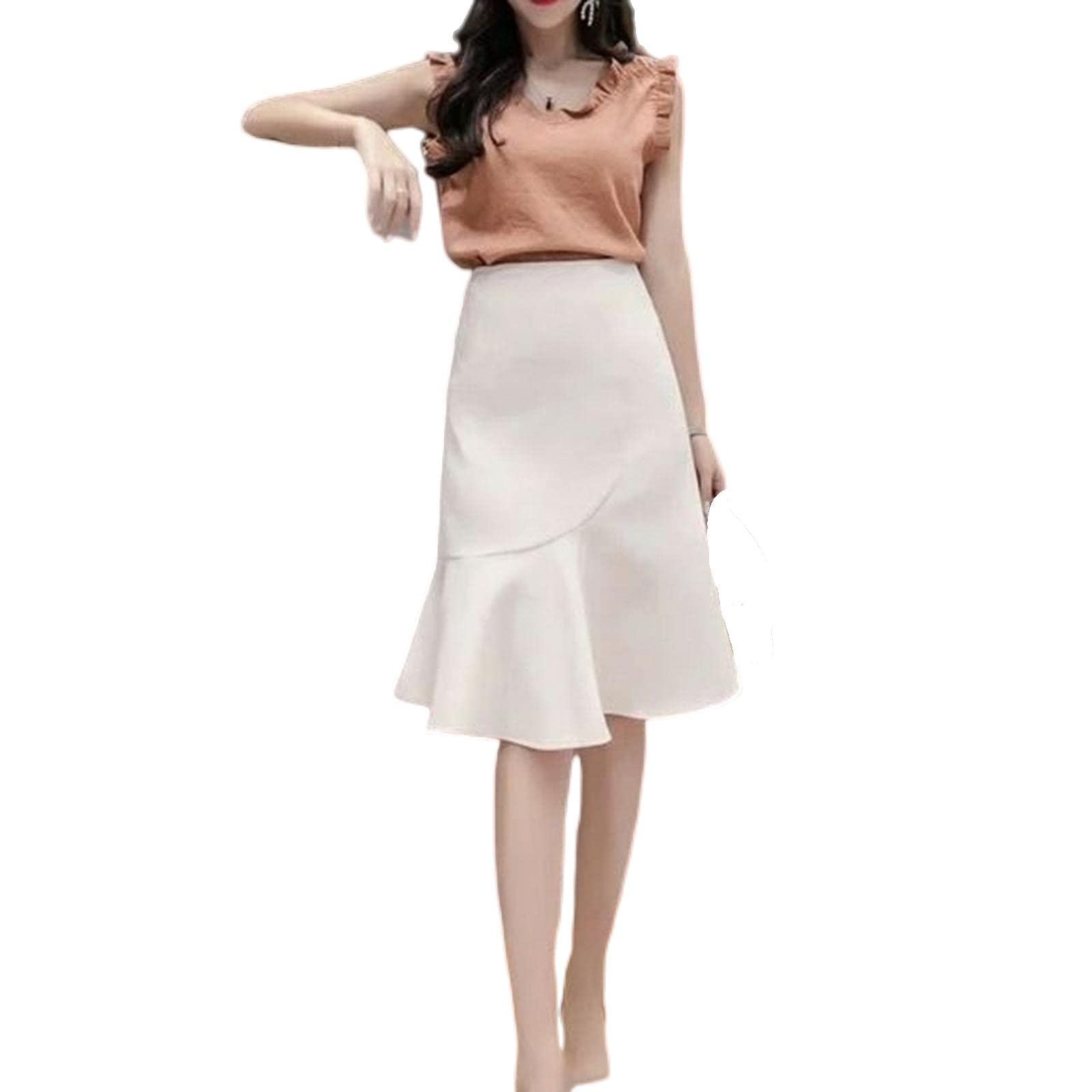 Jupe longue fine à volants pour femme - Jupe d'été solide taille haute, WHITE-A, 44