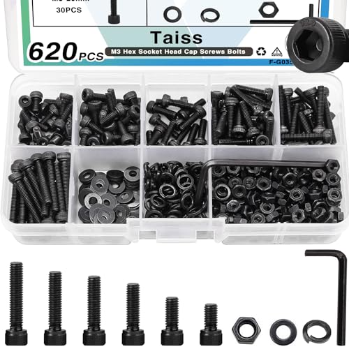 Taiss F-G035-M3 620Pcs M3 Screw Kit,Hex Socket Head Cap Screws Assortment With Nuts And Washers M3 X 6/8/10/12/16/20Mm,12.9 Grade Alloy Steel Black Zinc Plated Small Metric Screws,M3 Bolts cover