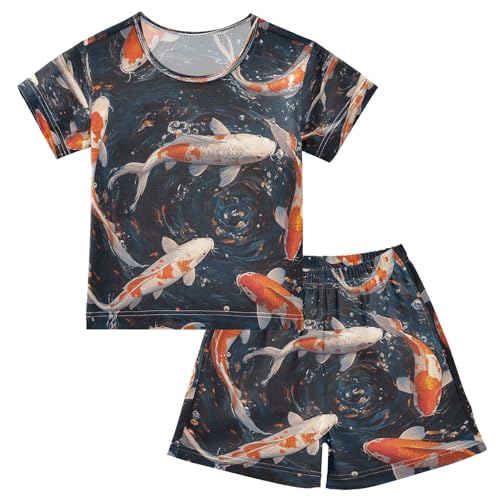 Pajama Sets Short Sleeve Koi Fish Water Pattern Soft Cotton Summer Sleepwear 2 Piece PJS Size 5-14T