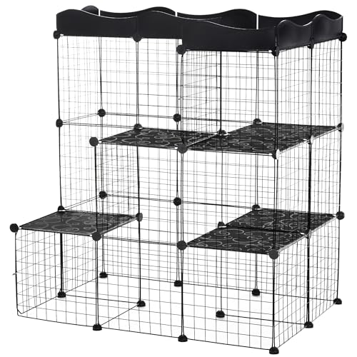 PawHut Recinto per Animali di Piccola Taglia Modulabile con Pannelli e Accessori, Gabbia per Animali in Acciaio e PP, per Gatti e Conigli, 105x70x116 cm, Nero