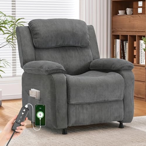 EROMMY Electric Recliner Chair Oversized Power Recliner with USB Charging Port & Side Pockets Heavy Duty Corduroy Reclining Sofa Chair Wide Seat Living Room Chair for Adults Dark Grey
