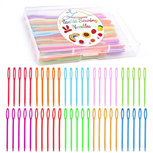 Ruasol 50 pcs Aiguilles à coudre en plastique à grand chas, 7 cm/2,7 pouces 9 cm/3,5 pouces Deux tailles d'aiguilles à tisser en plastique, Aiguille à coudre en fil coloré pour débutants Cover