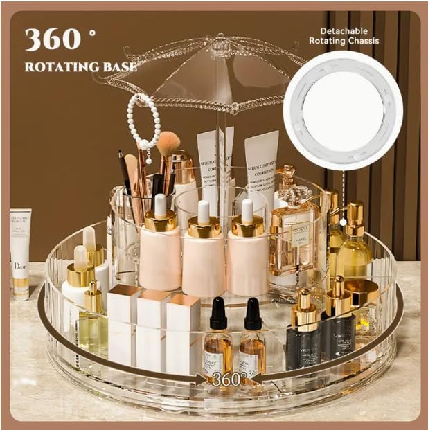 Image of Round Shaped Dust-proof Cover Transparent Rotating Cosmetic Storage Rack - Large Capacity 2-Layer 360 Rotating Makeup & Skincare Organizer with Umbrella Stand - Clear Display (Pack of 1)