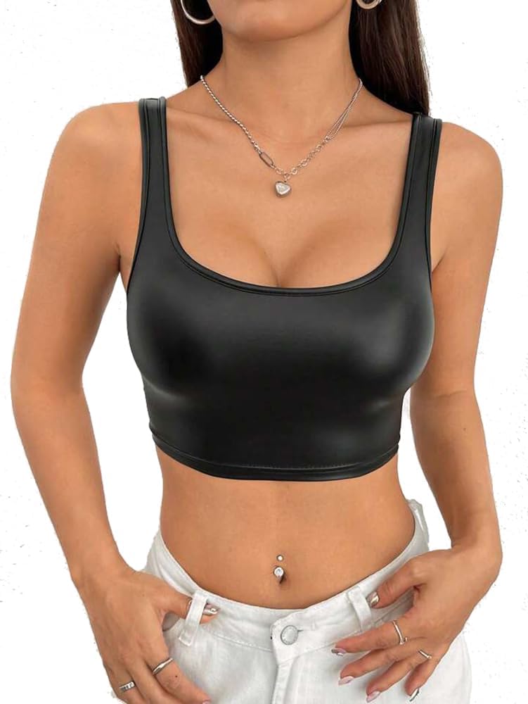 Women's Faux PU Leather Square Neck Sleeveless Shirts Slim Fit Casual Latex Tank Crop Mini Top