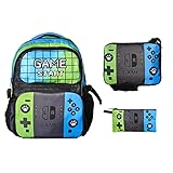 HGG 3pcs School Backpack for Boys 17”Kids Gamer Bookbag with Lunch Box&pencil case for Children Elementary Middle Students