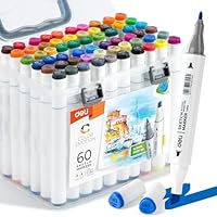 deli 60 Colours Dual Tip Alcohol Markers Set, Art Pens with Fine & Chisel Nibs, Permanent Alcohol-Based Colouring Markers in Portable Plastic Case, Drawing Pens for Adults, Hobbyists & Students