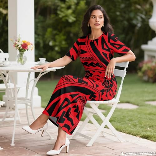 Image of Polynesian Dress for Women Short Sleeve High Waist Maxi Skirt | Puletasi dress, t-shirt and skirt two-piece, elastic material, lightweight, soft, plus size, luau party, wedding, clubwear