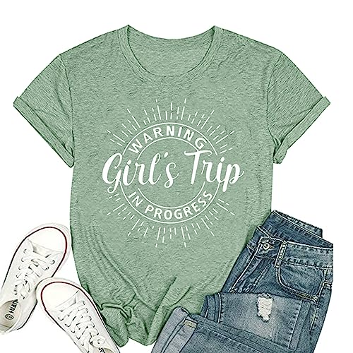 Image of Women's Casual Warning Girls Trip in Progress T-Shirt Casual Crewneck Short Sleeve Graphic Tee