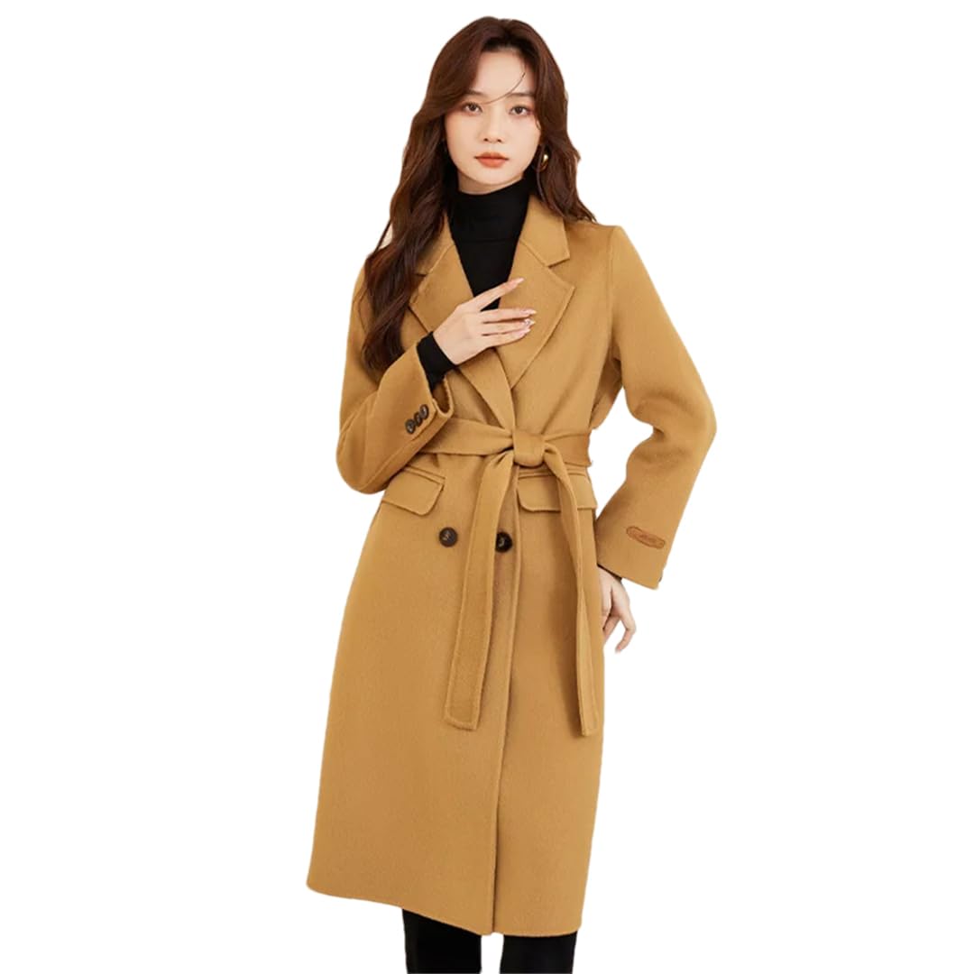 Hdhdeueh Abrigos de lana para mujer con cinturón, abrigo largo de lana de doble cara, casual, formal, chaqueta de lana para oficina