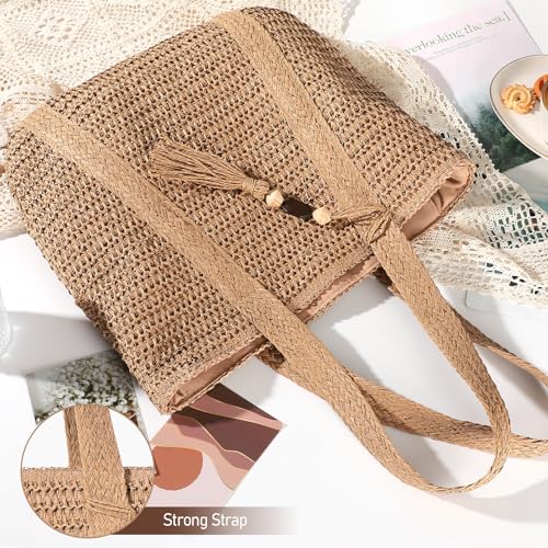 Image of Pleneal Straw Beach Bags for Women - Women Beach Handmade Woven Tote Bag, Summer Mesh Hollow Shoulder Bag for Holiday