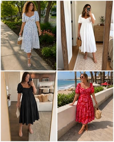 Image of Plus Size Summer Dresses - Sweetheart Neck Drawstring Puff Sleeve Casual Tiered Aline Flowy Midi Dress
