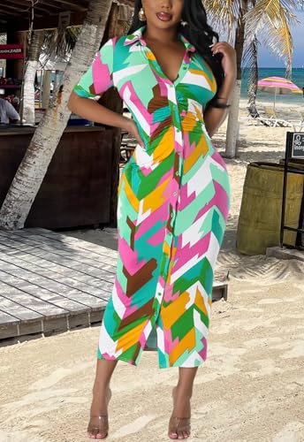 Image of ZERMOM Women's Button Down Shirt Dress Short Sleeve Print Collar V Neck Summer Bodycon Midi Dresses