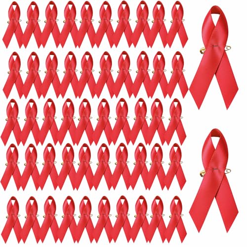 Image of 100pcs Red Ribbon Satin Pins Heart Disease HIV /AIDS Awareness Drug Prevention DUI Awareness Brooch with Safety Pin for Men and Women