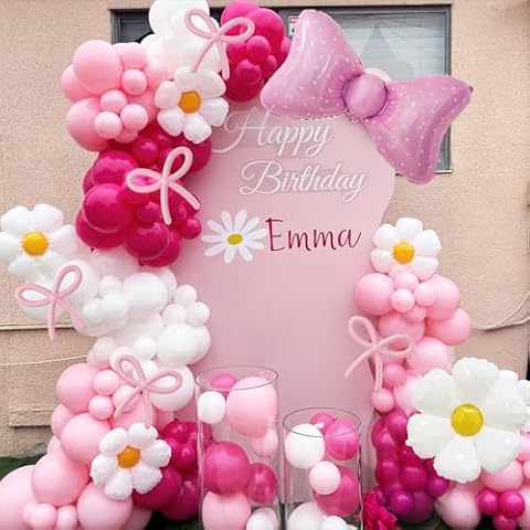 ECEAE 125Pcs Bow Balloon Arch Garland Kit with Hot Pink, Pink, White, Bow, Daisy Flower Balloons, for Princess Balloon Garland, Birthday, Baby Shower, Wedding, Coquette Party Decorations Cover
