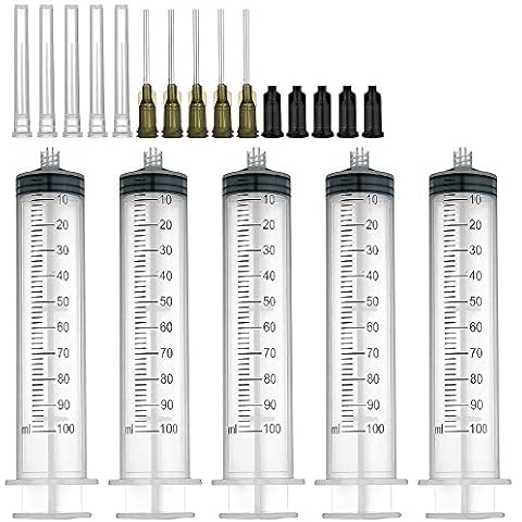 5 Pack 100ml Syringes with 14Gx1.0'' Blunt Tip Fill Needles and Storage Caps(Luer Lock)¡ Cover